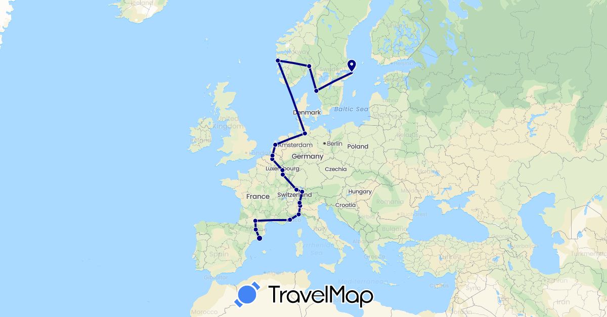 TravelMap itinerary: driving in Andorra, Belgium, Switzerland, Germany, Spain, France, Italy, Liechtenstein, Luxembourg, Monaco, Netherlands, Norway, Sweden (Europe)