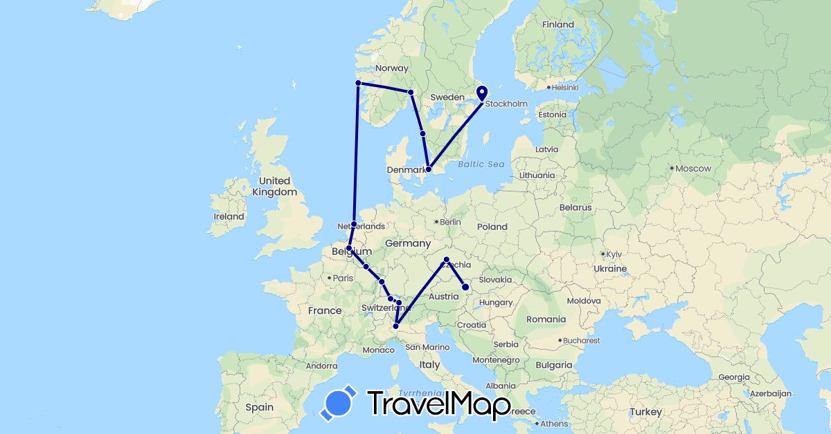 TravelMap itinerary: driving in Austria, Belgium, Switzerland, Czech Republic, Denmark, France, Italy, Liechtenstein, Luxembourg, Netherlands, Norway, Sweden (Europe)
