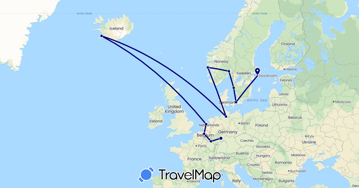 TravelMap itinerary: driving in Belgium, Germany, Denmark, Iceland, Luxembourg, Netherlands, Norway, Sweden (Europe)